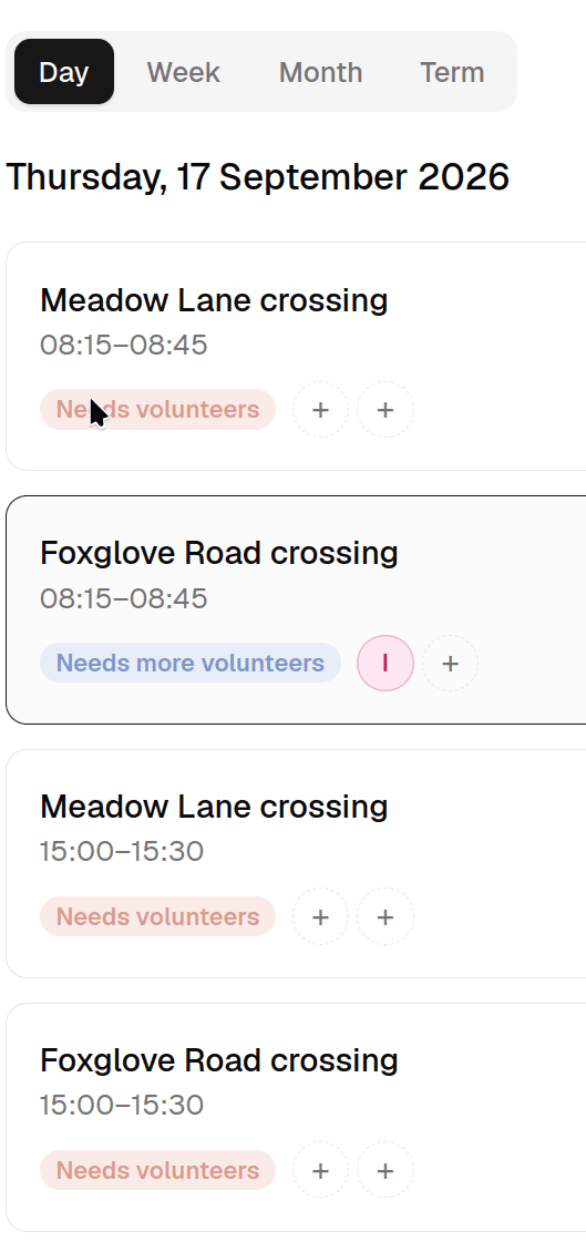 The Day view of the dashboard calendar, listing each slot for a single date