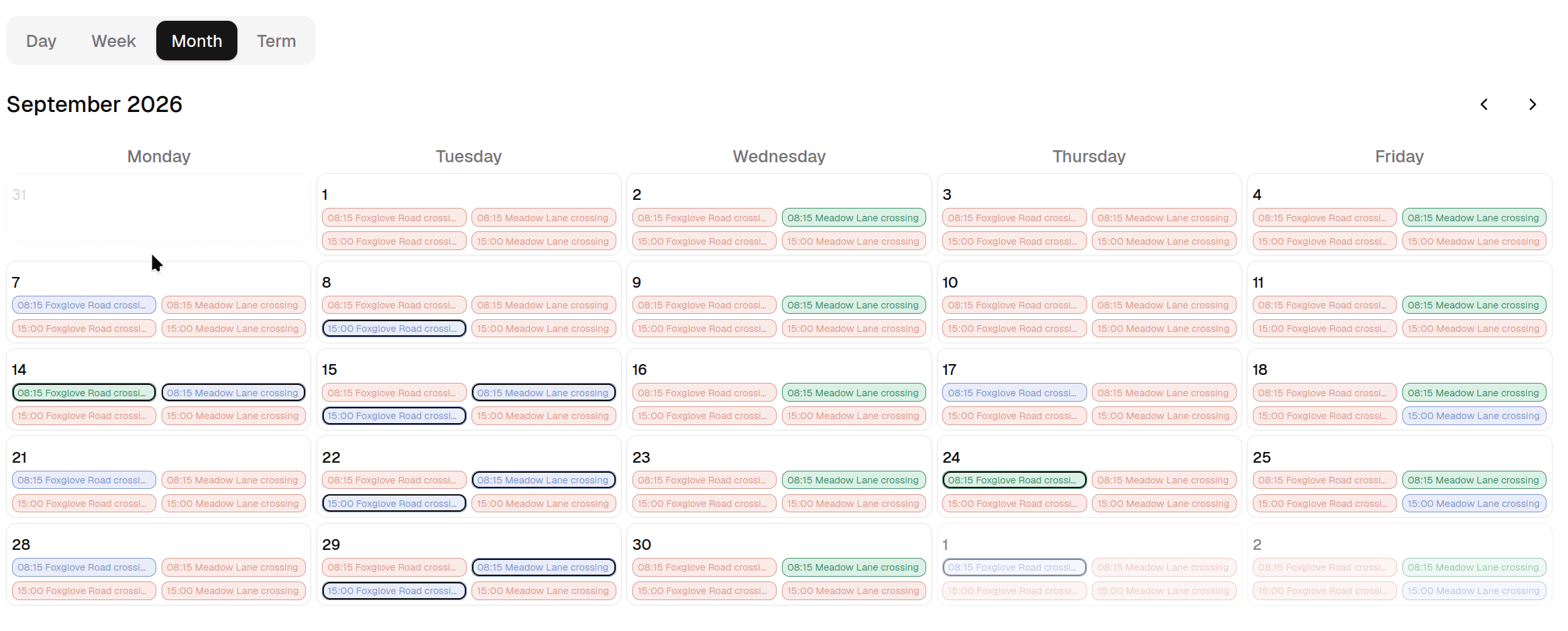 The Month view of the dashboard calendar, showing a compact grid of every day's slots for the month