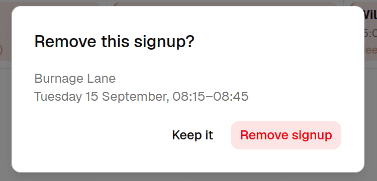 The Remove this signup? dialog for a one-off signup, with a single Remove signup button