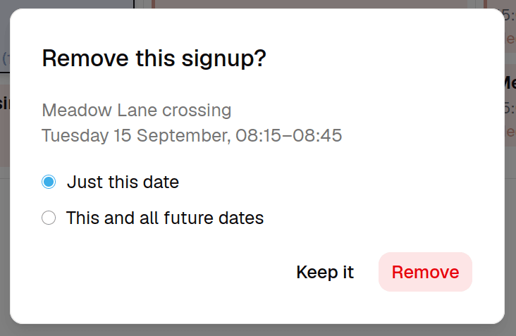 The Remove this signup? dialog for a regular commitment, with a choice between just this date and this and all future dates