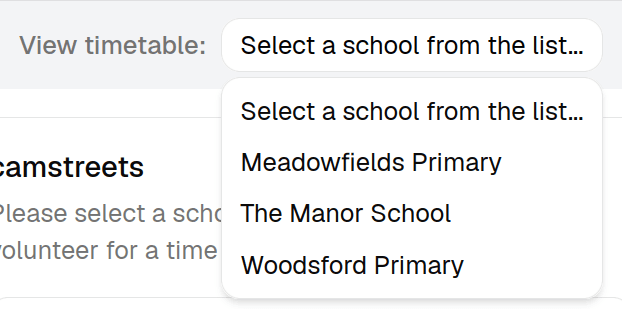 The View timetable dropdown open, listing several schools to choose from