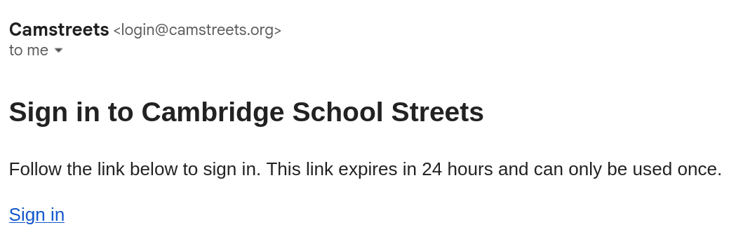 The sign-in email from Camstreets, with a Sign in link and a note that it expires in 24 hours