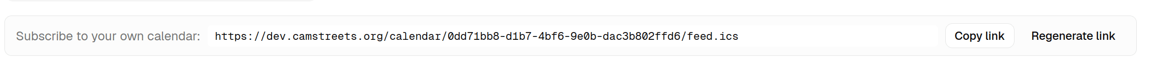 The Subscribe to your own calendar link on the dashboard, with Copy link and Regenerate link buttons
