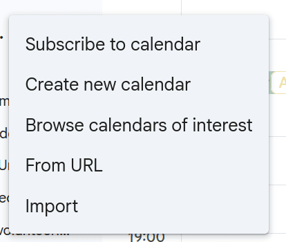 A calendar app's Subscribe to calendar / From URL menu, where the copied link can be pasted in